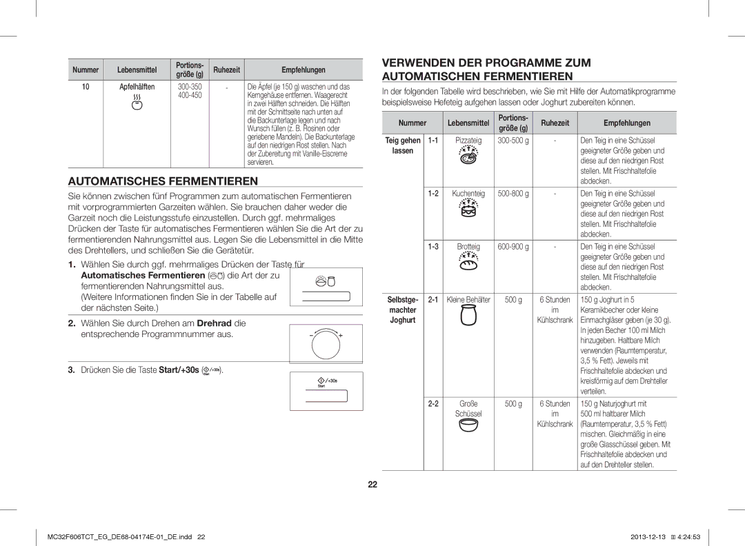 Samsung MC32F606TCT/EG manual Automatisches Fermentieren, Verwenden DER Programme ZUM Automatischen Fermentieren, Nummer 