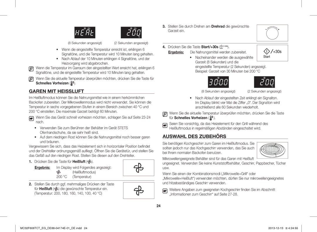 Samsung MC32F606TCT/ET, MC32F606TCT/EG, MC32F606TCT/EF manual Garen MIT Heissluft, Auswahl DES Zubehörs, Sekunden angezeigt 