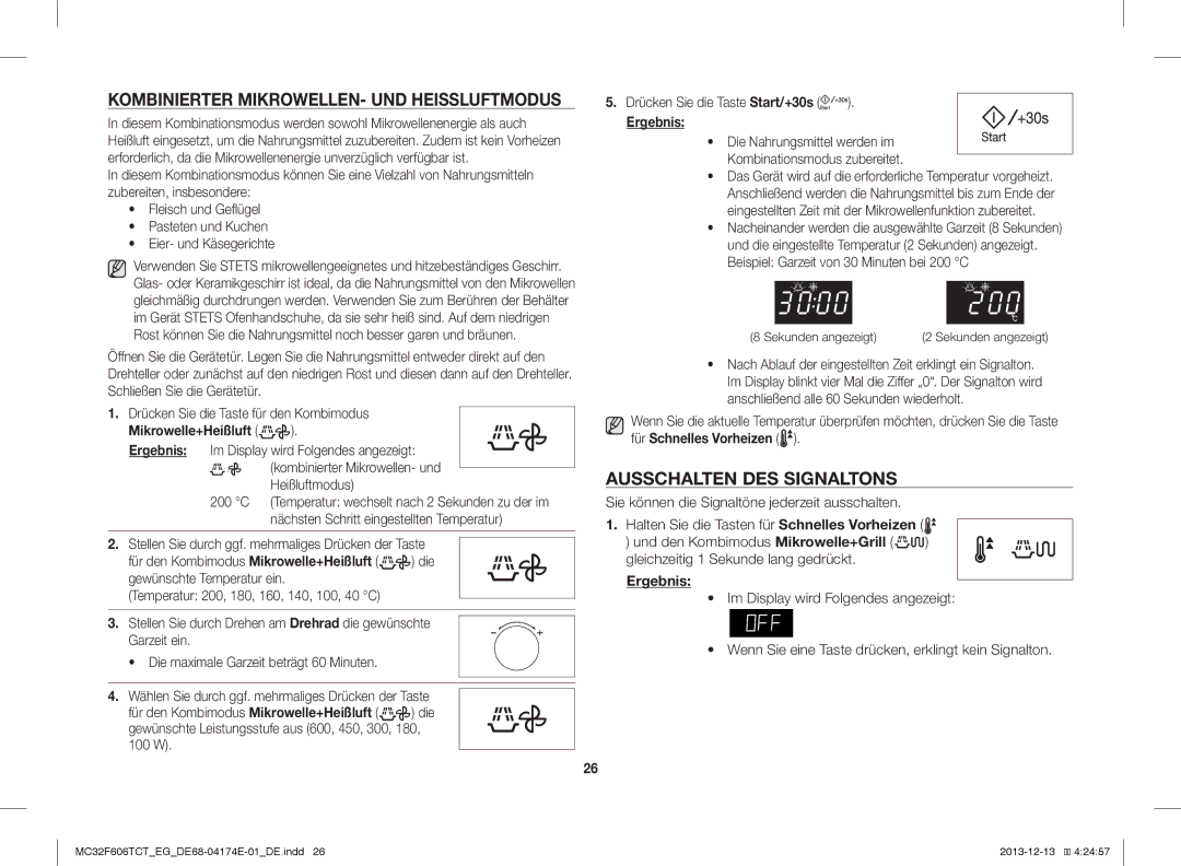 Samsung MC32F606TCT/EF, MC32F606TCT/ET Ausschalten DES Signaltons, Kombinierter MIKROWELLEN- UND Heissluftmodus, 200 C 