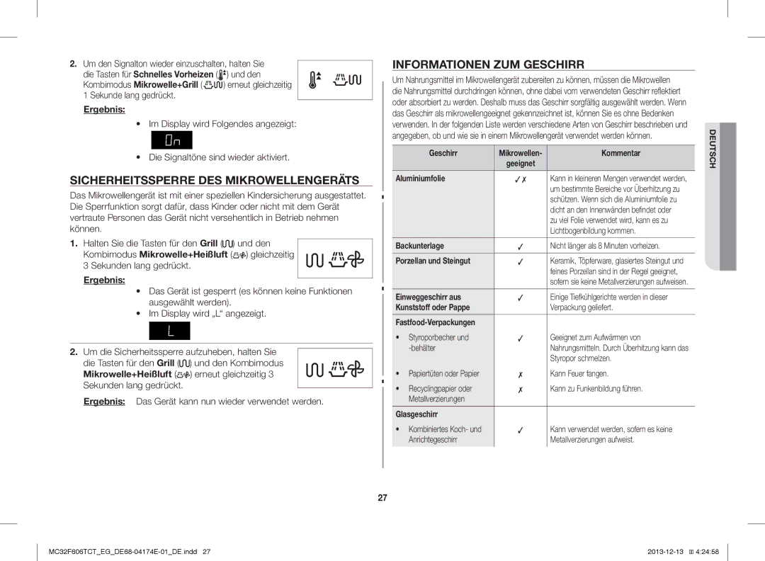 Samsung MC32F606TCT/ET, MC32F606TCT/EG, MC32F606TCT/EF Sicherheitssperre DES Mikrowellengeräts, Informationen ZUM Geschirr 