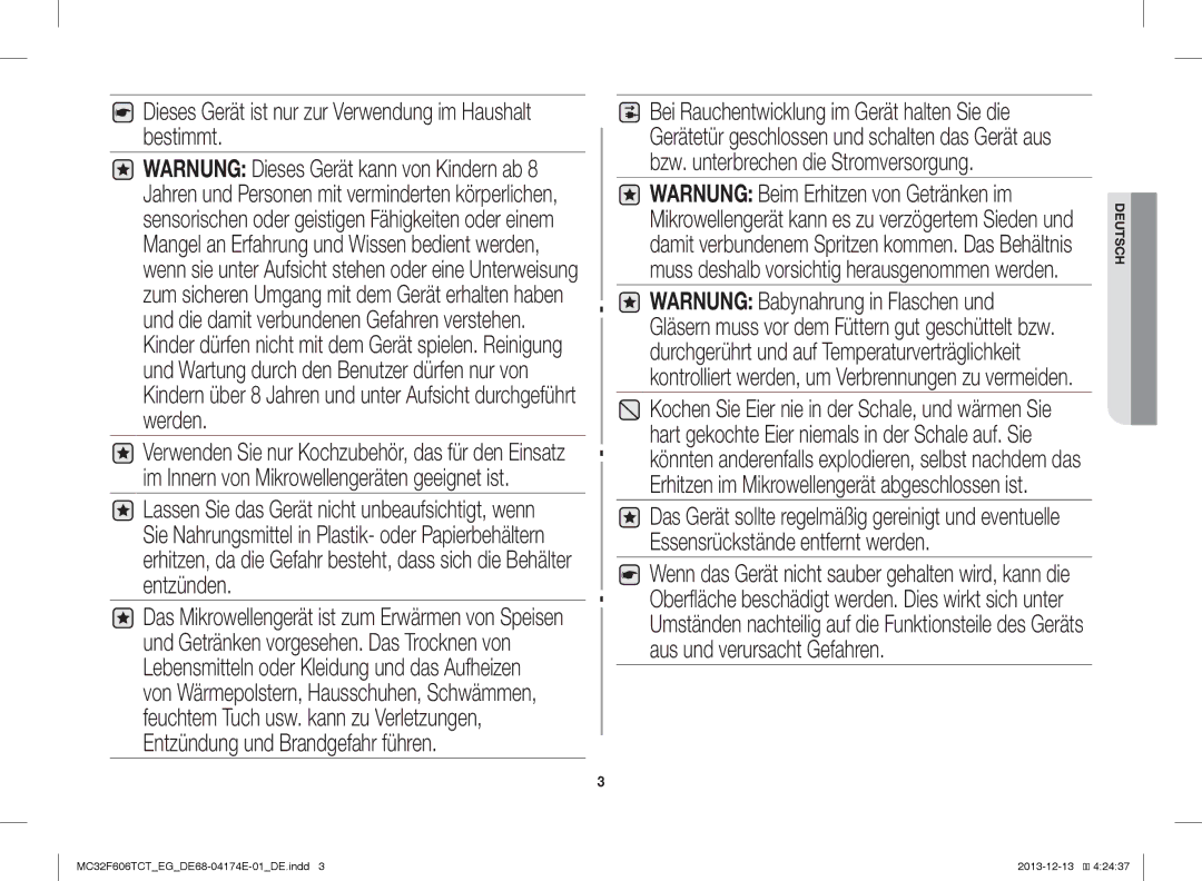 Samsung MC32F606TCT/ET, MC32F606TCT/EG, MC32F606TCT/EF manual Dieses Gerät ist nur zur Verwendung im Haushalt bestimmt 