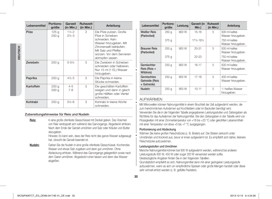 Samsung MC32F606TCT/ET, MC32F606TCT/EG Aufwärmen, Zubereitungshinweise für Reis und Nudeln, Portionierung und Abdeckung 