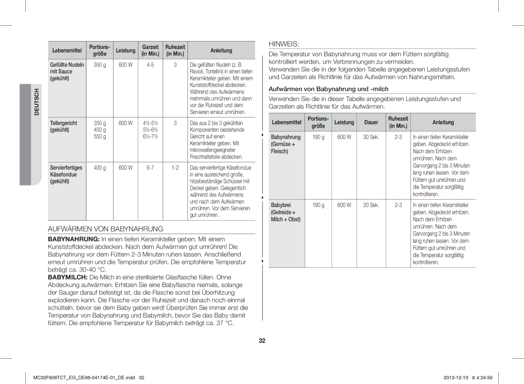 Samsung MC32F606TCT/EF, MC32F606TCT/ET, MC32F606TCT/EG manual Aufwärmen VON Babynahrung, Hinweis, Dauer 