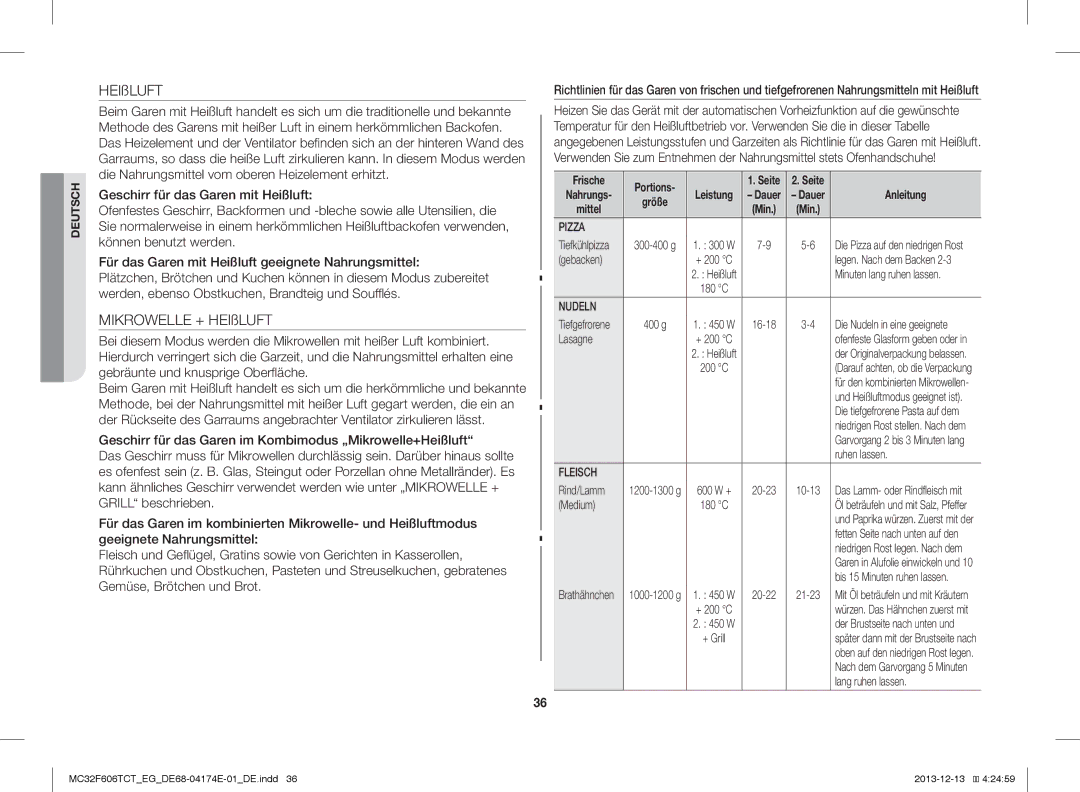 Samsung MC32F606TCT/ET, MC32F606TCT/EG, MC32F606TCT/EF manual Gebacken, Lasagne, Medium, Lang ruhen lassen 