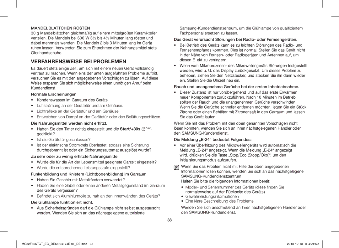 Samsung MC32F606TCT/EF, MC32F606TCT/ET, MC32F606TCT/EG manual Verfahrensweise BEI Problemen, Mandelblättchen Rösten 