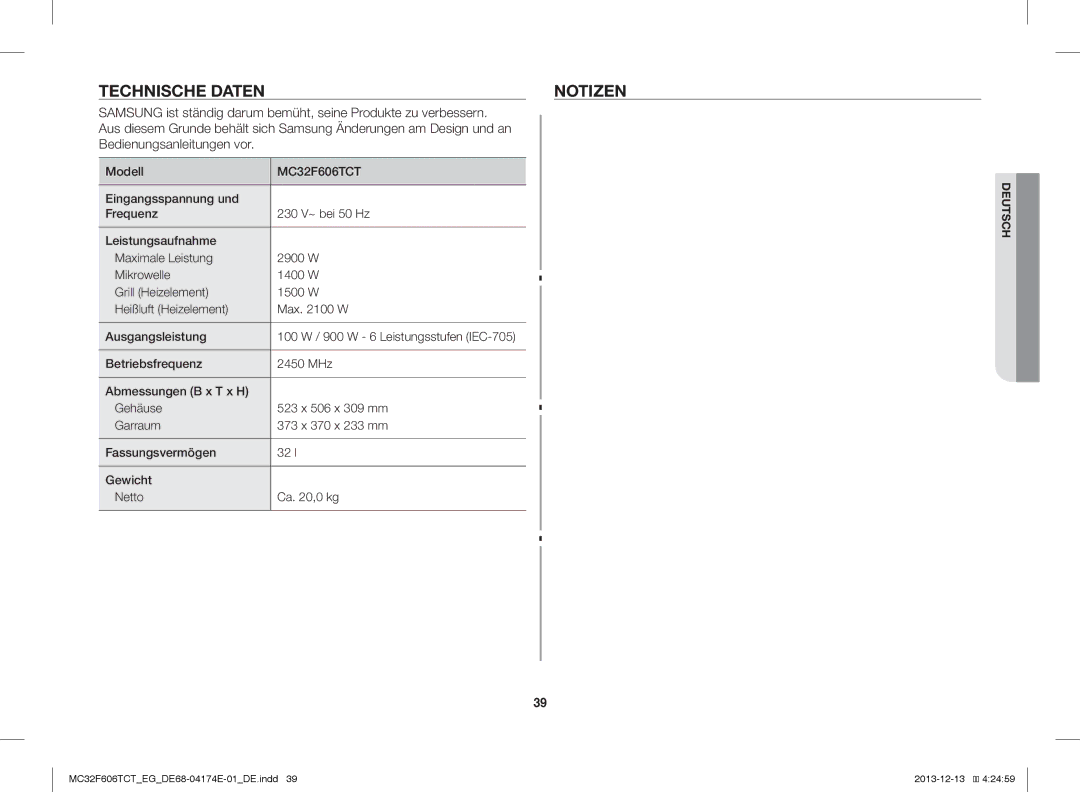 Samsung MC32F606TCT/ET, MC32F606TCT/EG manual Technische Datennotizen, Modell, 100 W / 900 W 6 Leistungsstufen IEC-705 