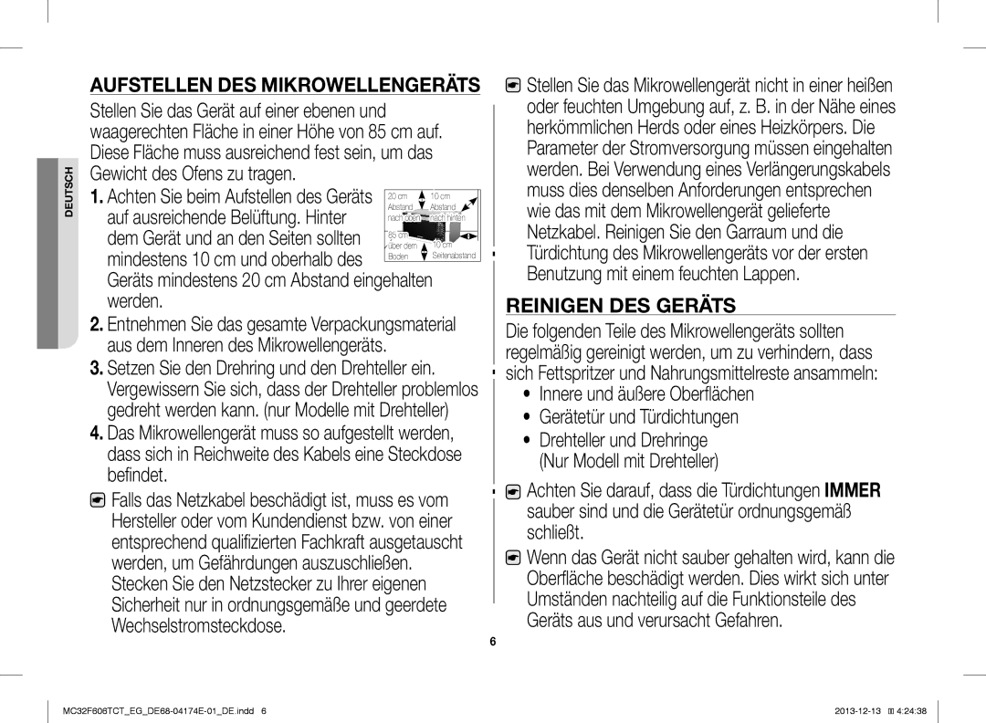 Samsung MC32F606TCT/ET, MC32F606TCT/EG, MC32F606TCT/EF manual Reinigen DES Geräts 