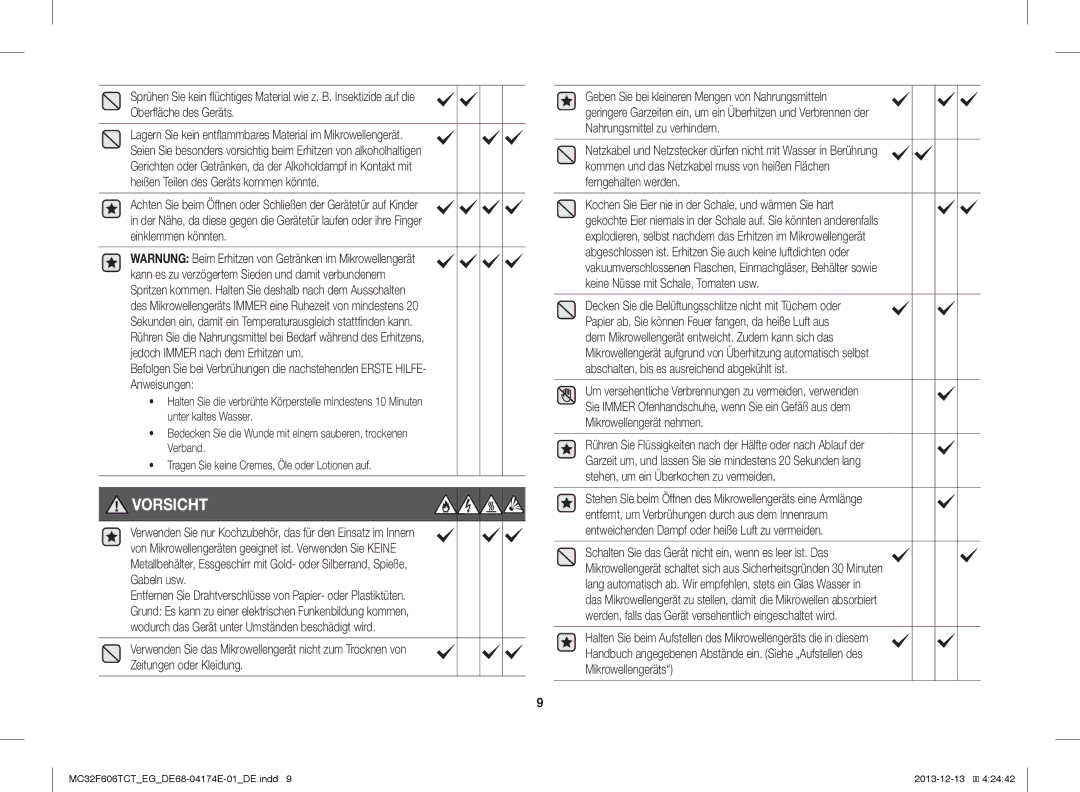 Samsung MC32F606TCT/ET, MC32F606TCT/EG, MC32F606TCT/EF manual Vorsicht 