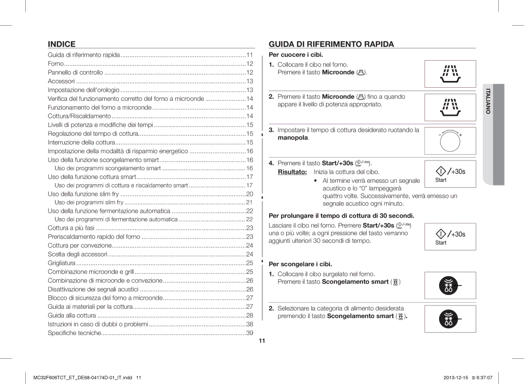 Samsung MC32F606TCT/ET manual Indice, Guida DI Riferimento Rapida 