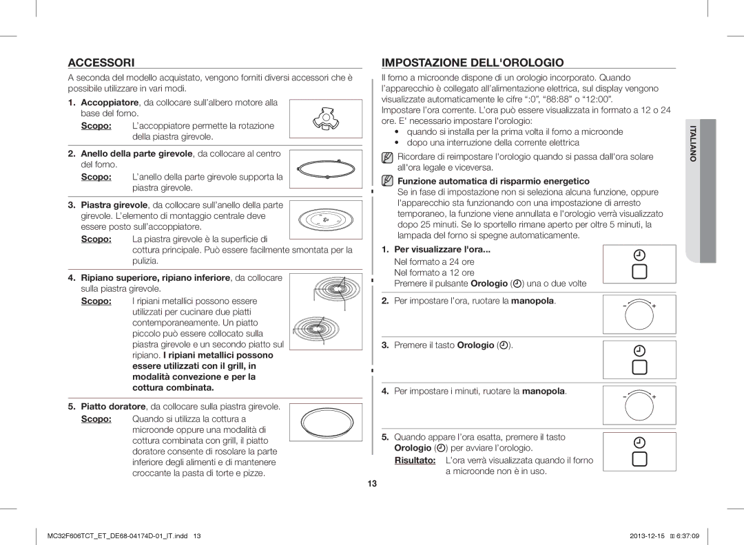 Samsung MC32F606TCT/ET manual Accessori, Impostazione Dellorologio, Funzione automatica di risparmio energetico 