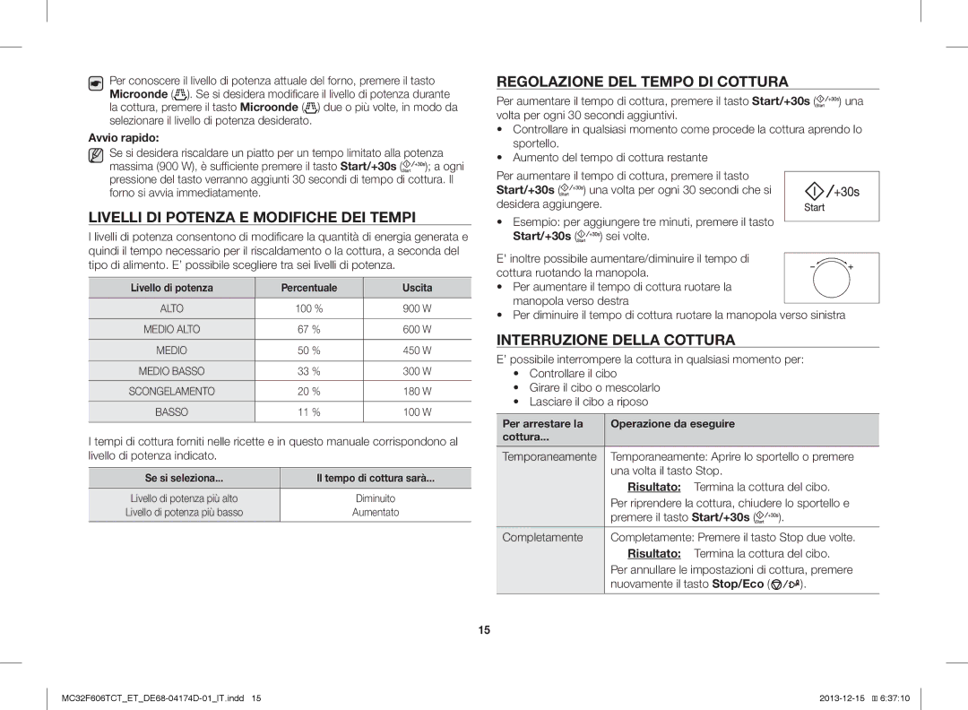 Samsung MC32F606TCT/ET manual Livelli DI Potenza E Modifiche DEI Tempi, Regolazione DEL Tempo DI Cottura, Avvio rapido 