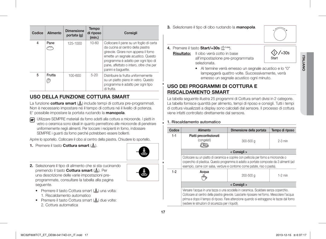 Samsung MC32F606TCT/ET manual USO Della Funzione Cottura Smart, USO DEI Programmi DI Cottura E Riscaldamento Smart, Acqua 