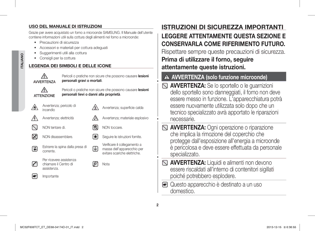 Samsung MC32F606TCT/ET manual USO DEL Manuale DI Istruzioni, Per ricevere assistenza chiamare il Centro di assistenza 