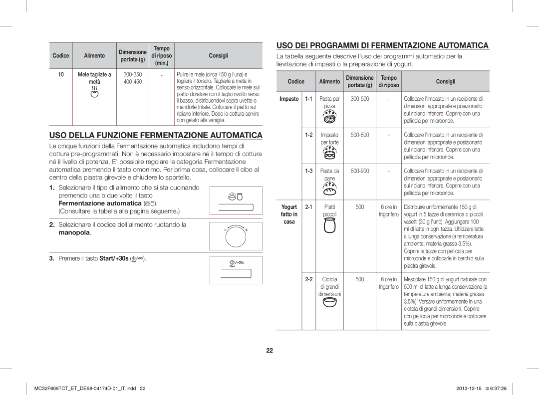 Samsung MC32F606TCT/ET manual USO Della Funzione Fermentazione Automatica, USO DEI Programmi DI Fermentazione Automatica 