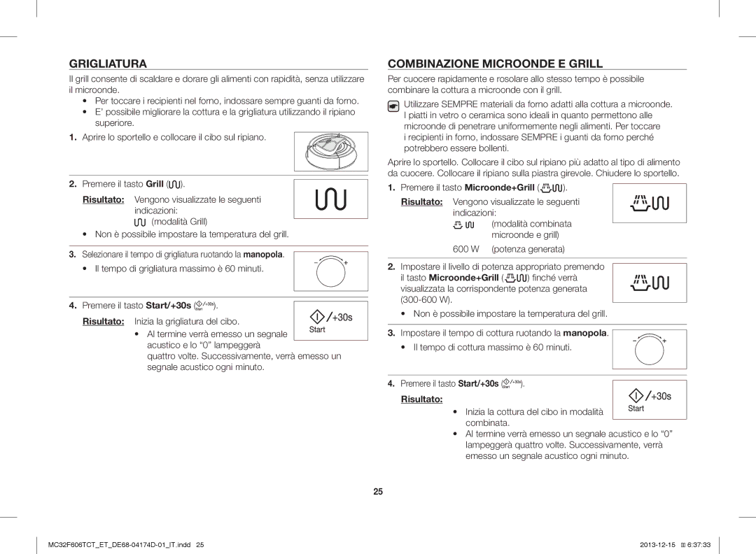 Samsung MC32F606TCT/ET manual Grigliatura, Combinazione Microonde E Grill 