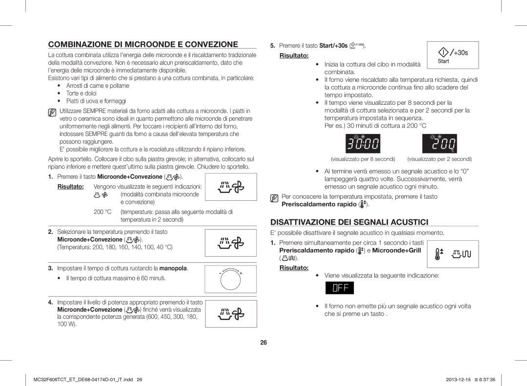 Samsung MC32F606TCT/ET manual Combinazione DI Microonde E Convezione, Disattivazione DEI Segnali Acustici 