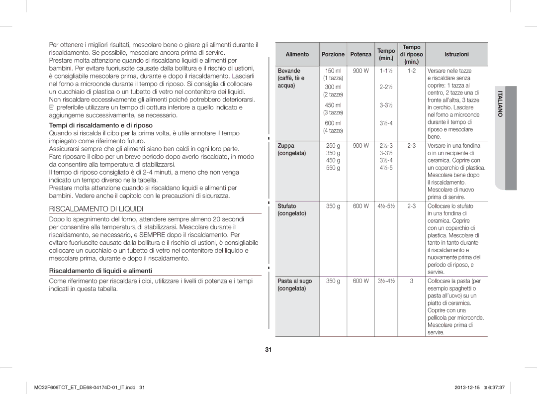 Samsung MC32F606TCT/ET manual Riscaldamento DI Liquidi 