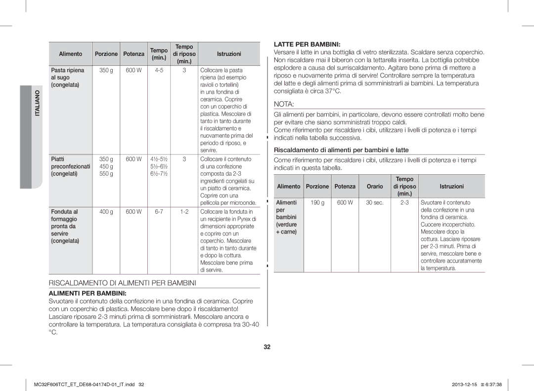 Samsung MC32F606TCT/ET manual Riscaldamento DI Alimenti PER Bambini, Nota, Orario 