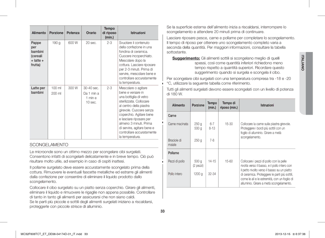 Samsung MC32F606TCT/ET manual Scongelamento, Tempo di Istruzioni 