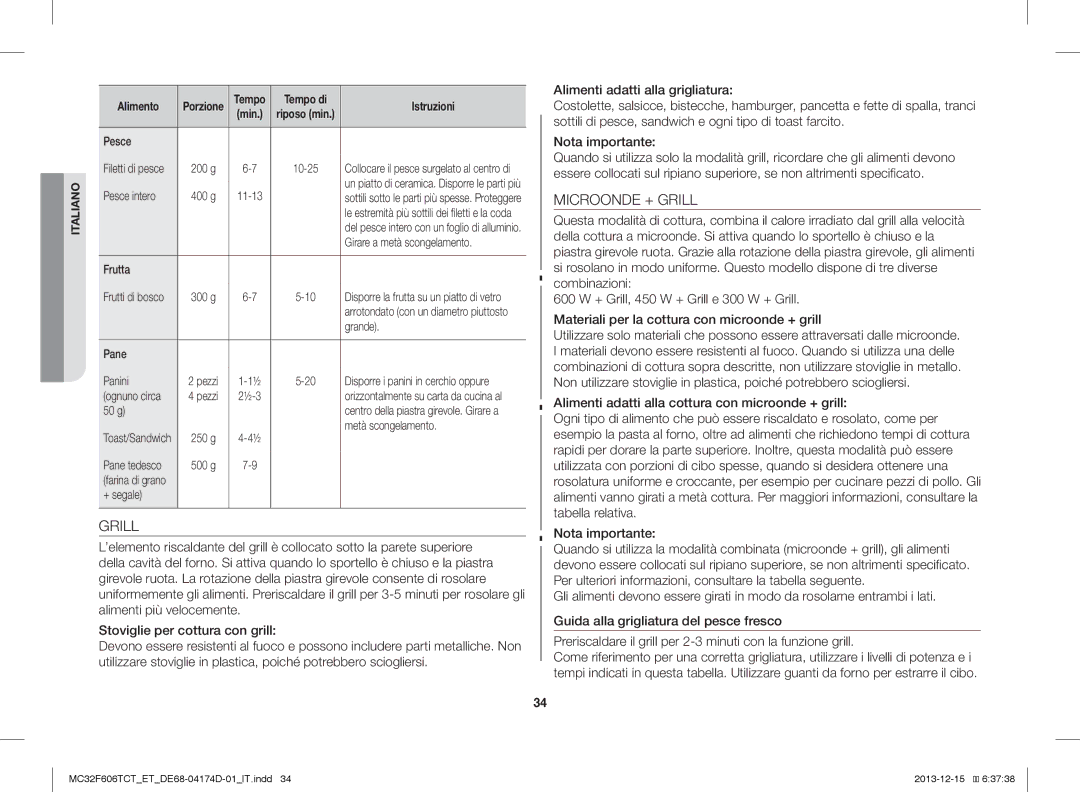 Samsung MC32F606TCT/ET manual Microonde + Grill 