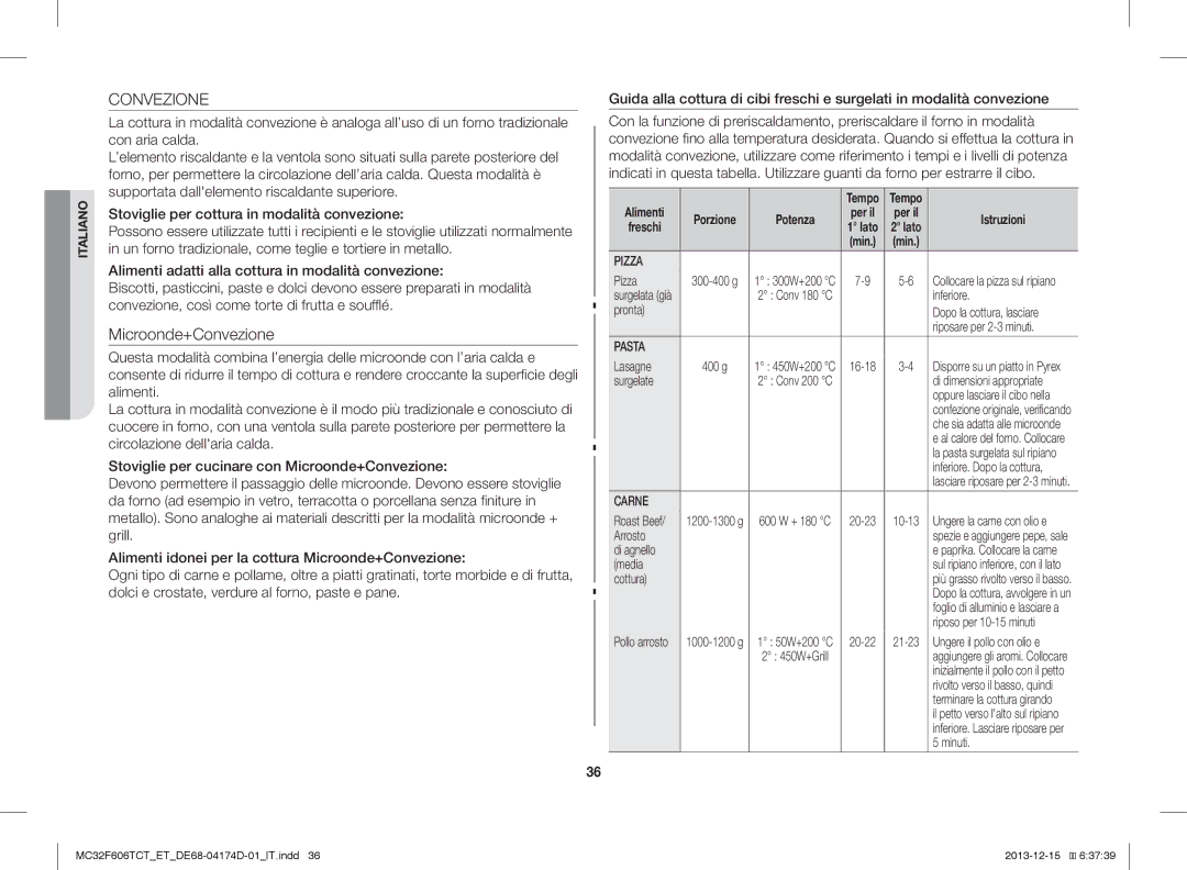 Samsung MC32F606TCT/ET manual Convezione, Alimenti, Freschi 