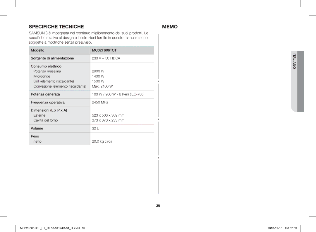 Samsung MC32F606TCT/ET manual Specifiche Tecnichememo, Modello, Max W, Convezione elemento riscaldante 