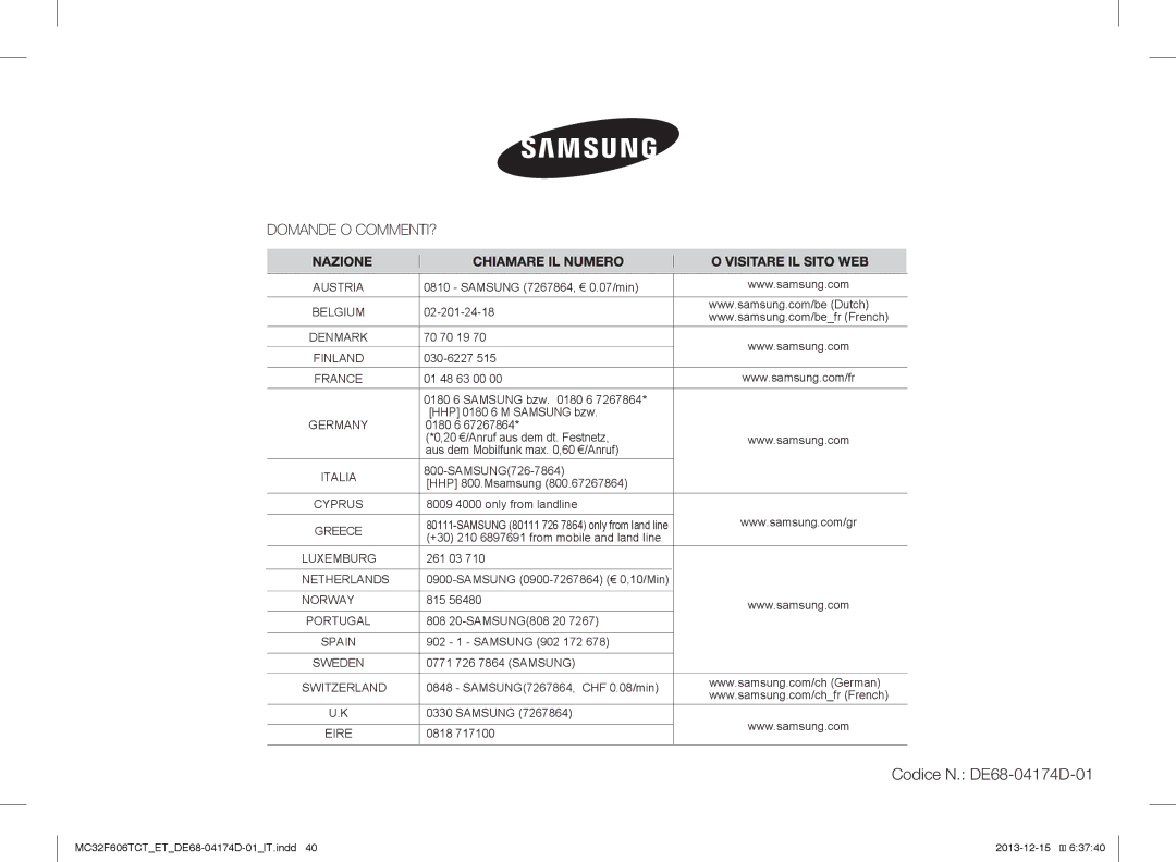 Samsung MC32F606TCT/ET Samsung 7267864, € 0.07/min, 02-201-24-18, 70 70 19, 030-6227, SAMSUNG726-7864 HHP 800.Msamsung 