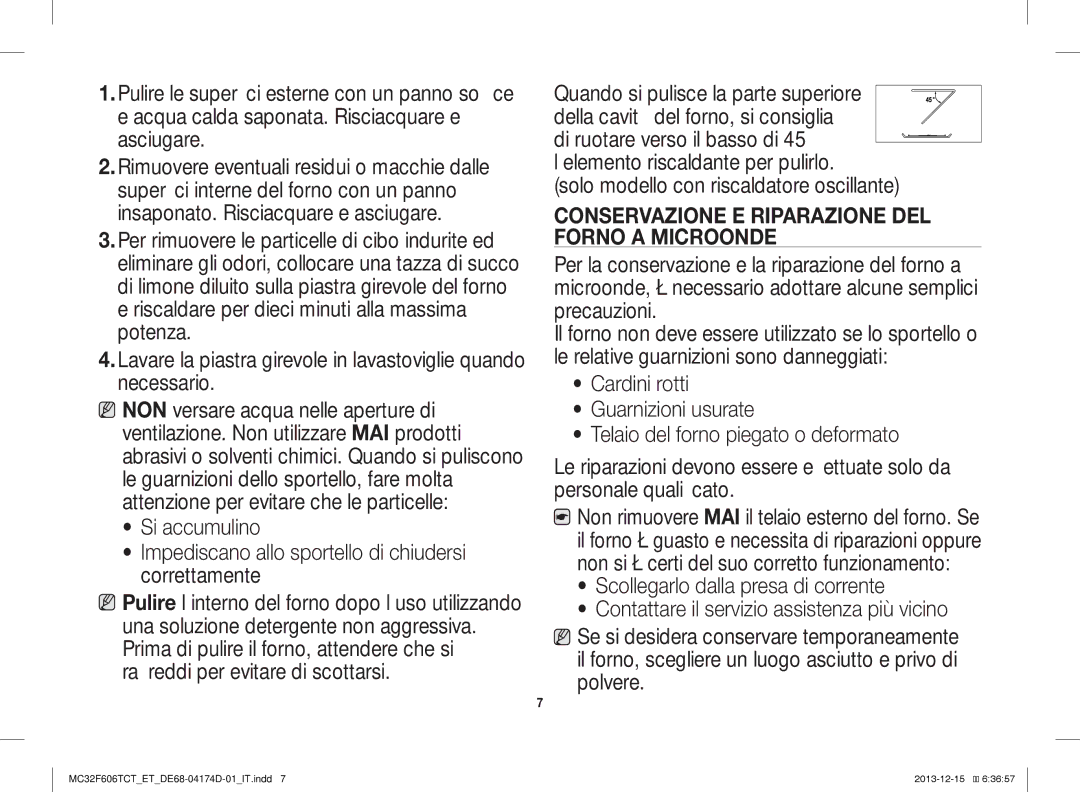 Samsung MC32F606TCT/ET manual Conservazione E Riparazione DEL Forno a Microonde 