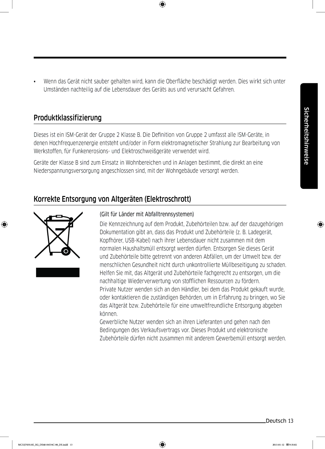 Samsung MC32J7035AS/EG manual Produktklassifizierung, Korrekte Entsorgung von Altgeräten Elektroschrott 