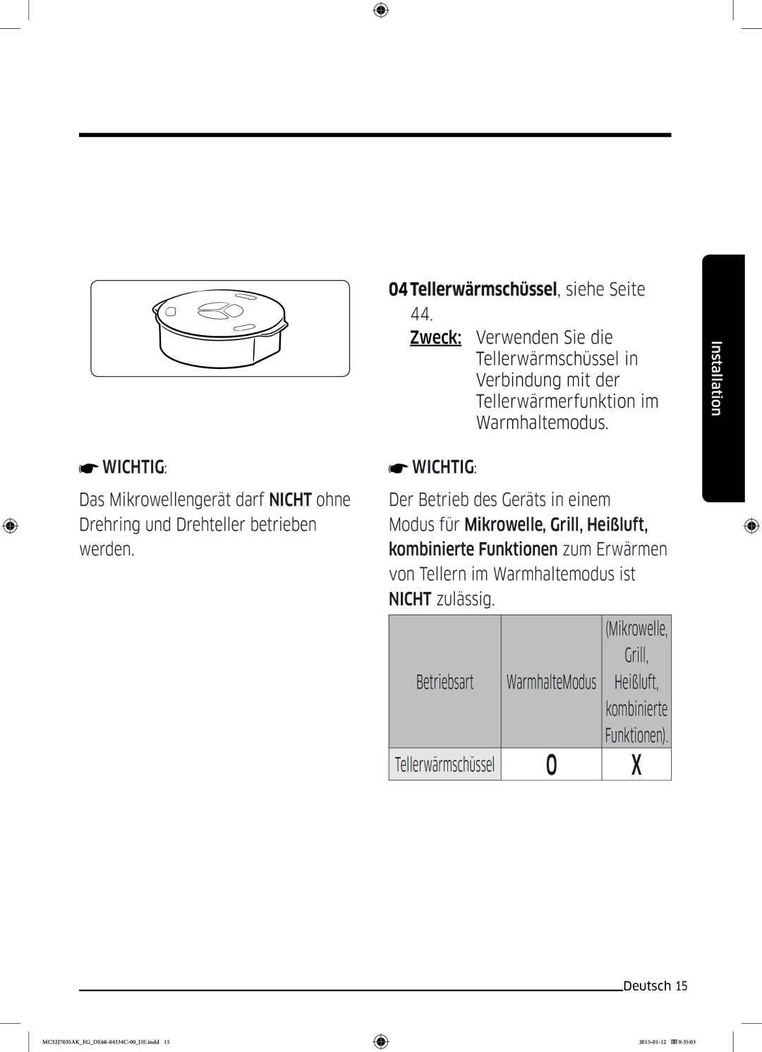 Samsung MC32J7035AS/EG manual 04Tellerwärmschüssel, siehe Seite, Von Tellern im Warmhaltemodus ist 