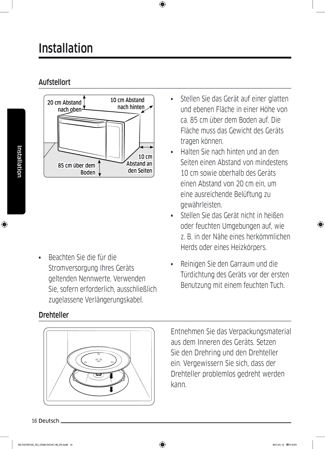 Samsung MC32J7035AS/EG Aufstellort, Tragen können, Halten Sie nach hinten und an den, Cm sowie oberhalb des Geräts, Kann 