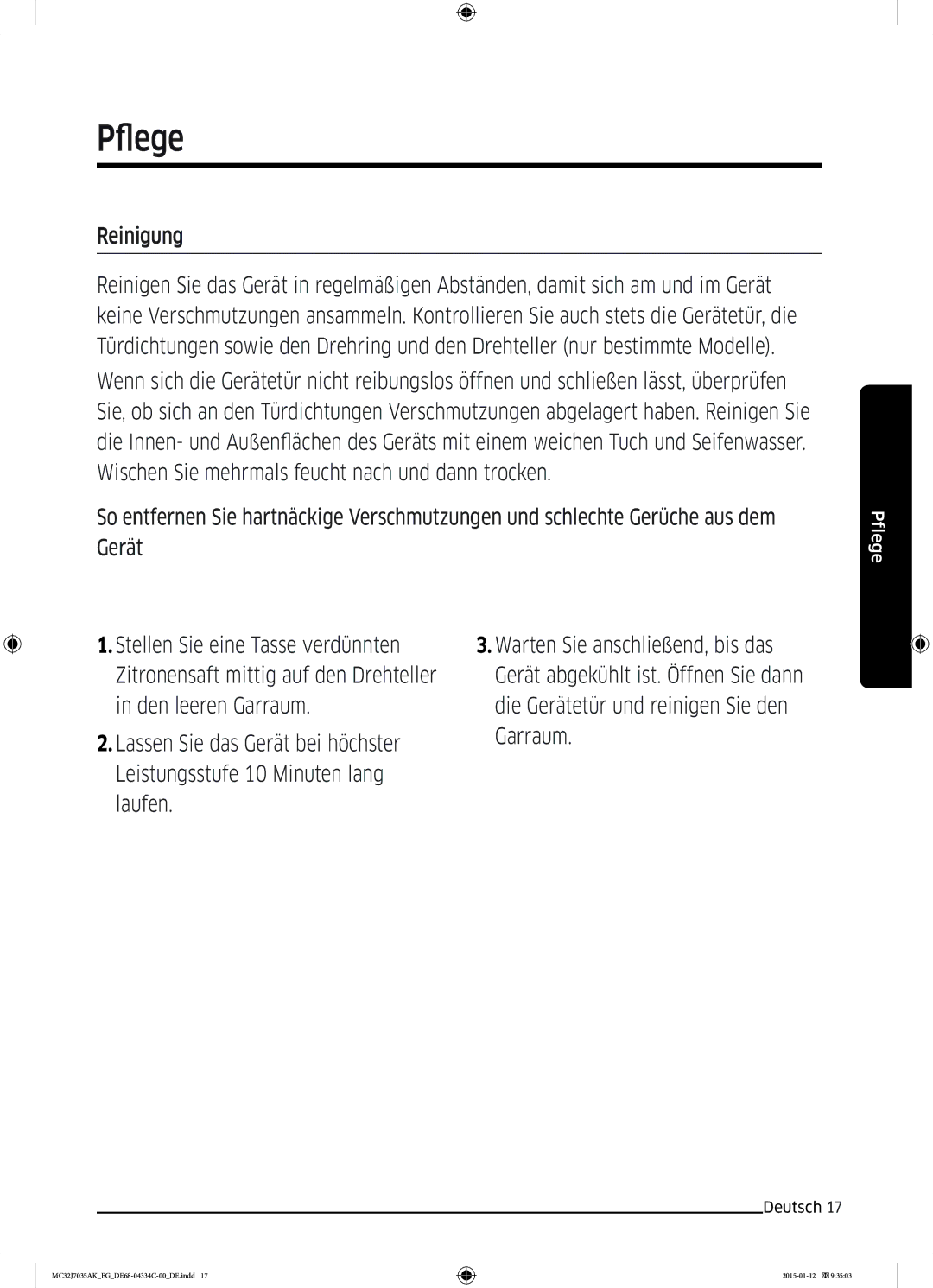 Samsung MC32J7035AS/EG manual Pflege, Reinigung 