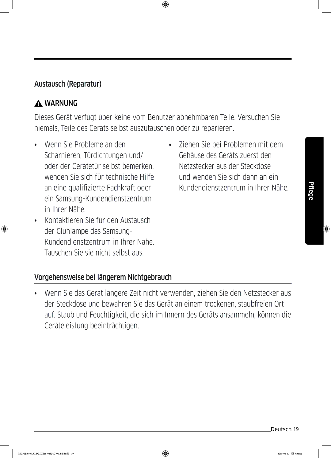 Samsung MC32J7035AS/EG manual Austausch Reparatur, Ein Samsung-Kundendienstzentrum Ihrer Nähe 