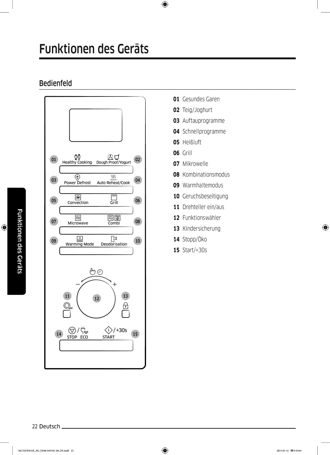 Samsung MC32J7035AS/EG manual Bedienfeld 