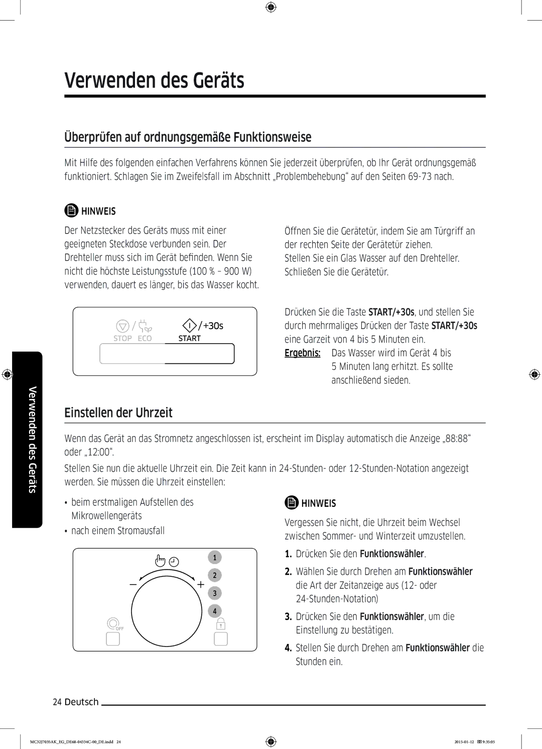 Samsung MC32J7035AS/EG manual Überprüfen auf ordnungsgemäße Funktionsweise, Einstellen der Uhrzeit 