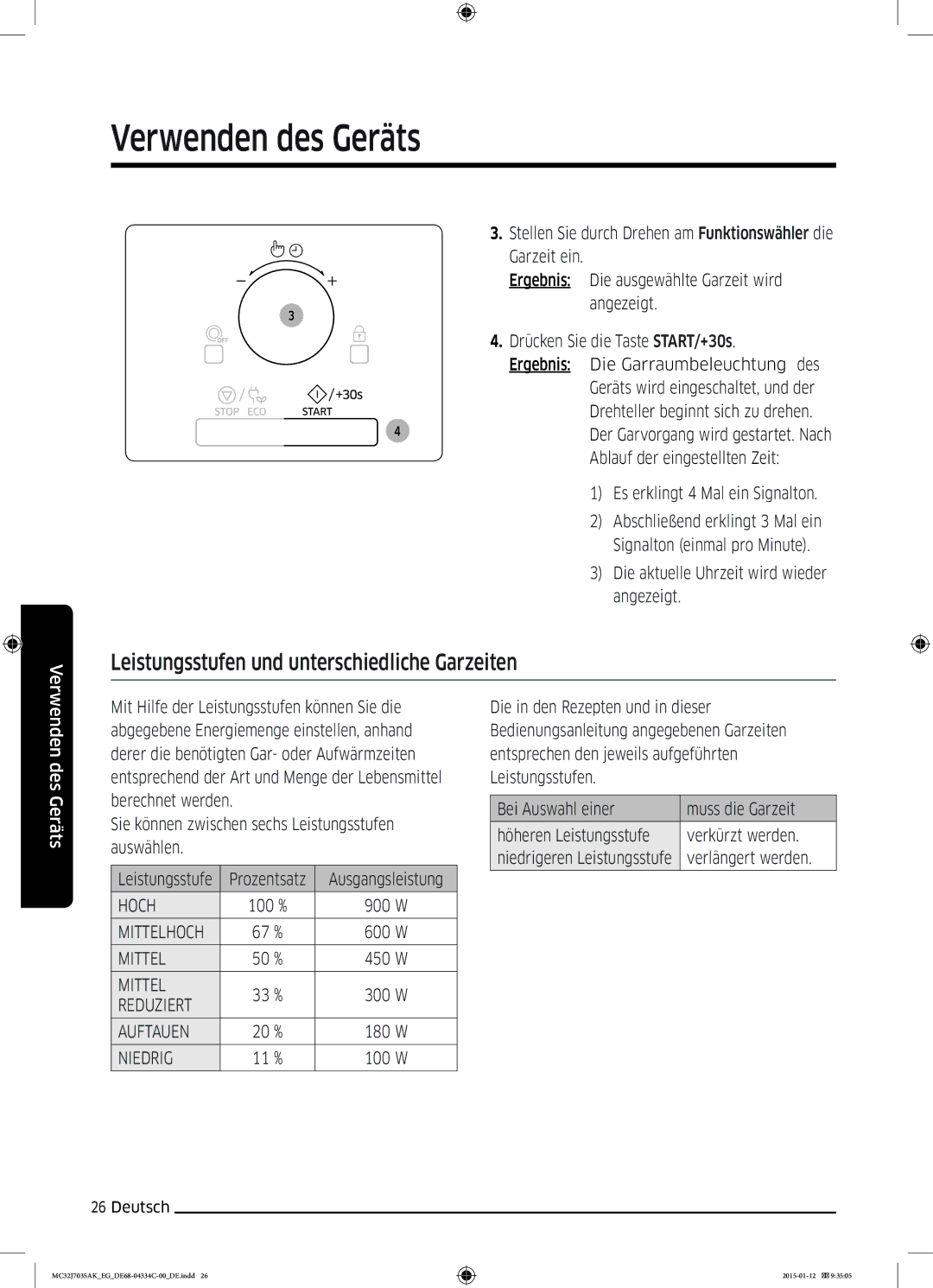 Samsung MC32J7035AS/EG manual Leistungsstufen und unterschiedliche Garzeiten, Ausgangsleistung, Verlängert werden 