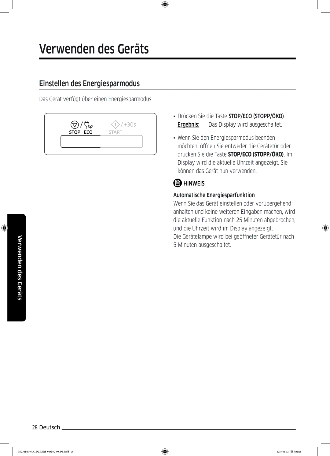 Samsung MC32J7035AS/EG manual Einstellen des Energiesparmodus, Das Gerät verfügt über einen Energiesparmodus 