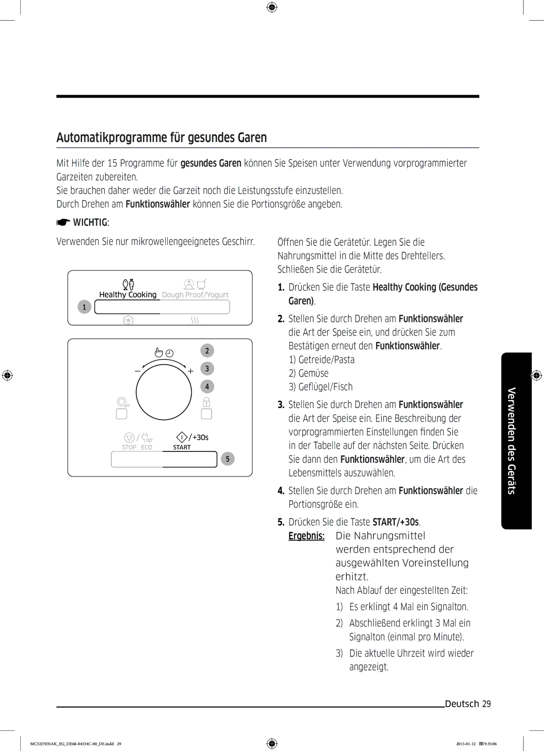 Samsung MC32J7035AS/EG manual Automatikprogramme für gesundes Garen, Getreide/Pasta Gemüse Geflügel/Fisch 