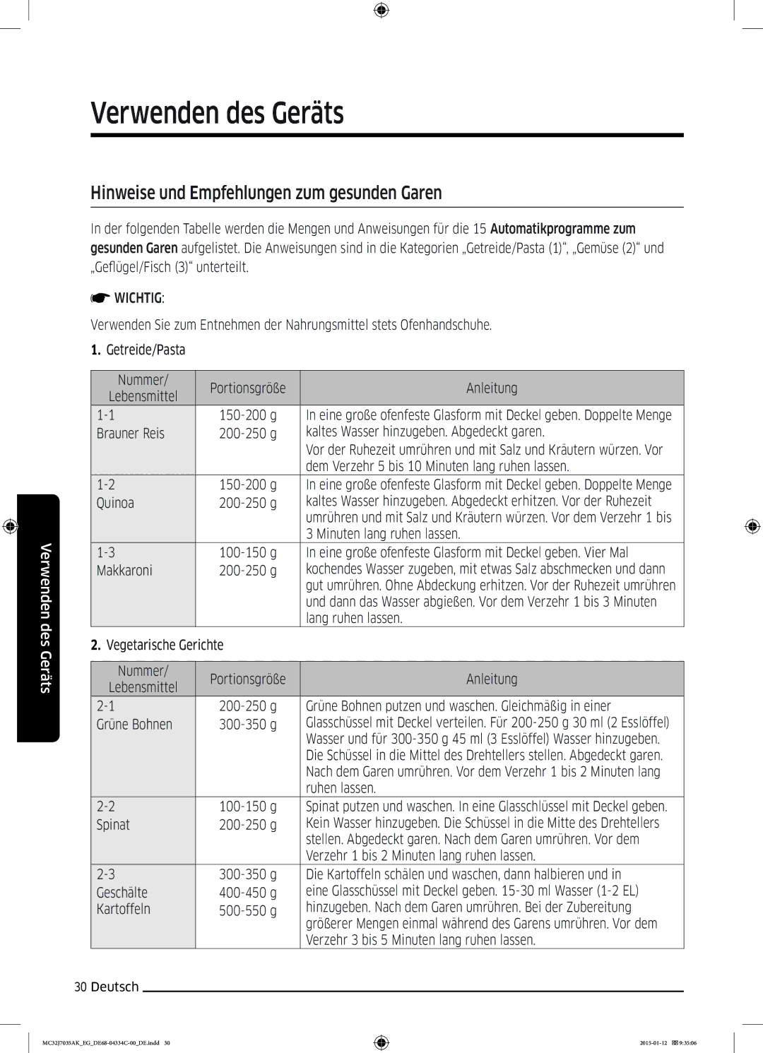 Samsung MC32J7035AS/EG manual Hinweise und Empfehlungen zum gesunden Garen 