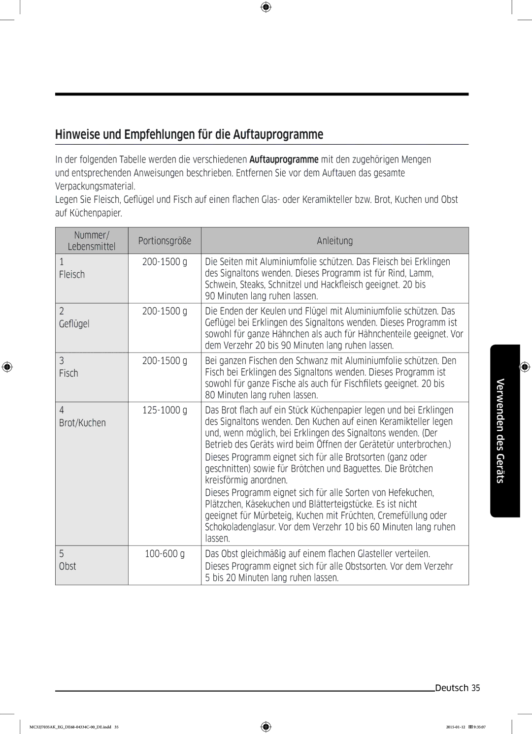 Samsung MC32J7035AS/EG manual Hinweise und Empfehlungen für die Auftauprogramme 