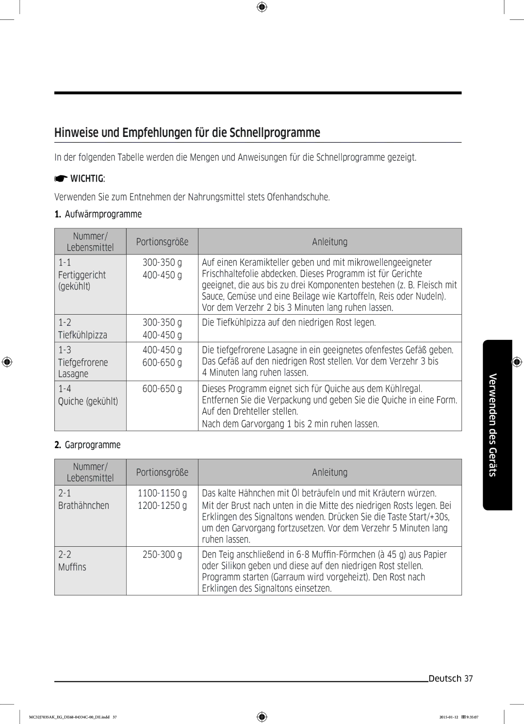 Samsung MC32J7035AS/EG manual Hinweise und Empfehlungen für die Schnellprogramme 