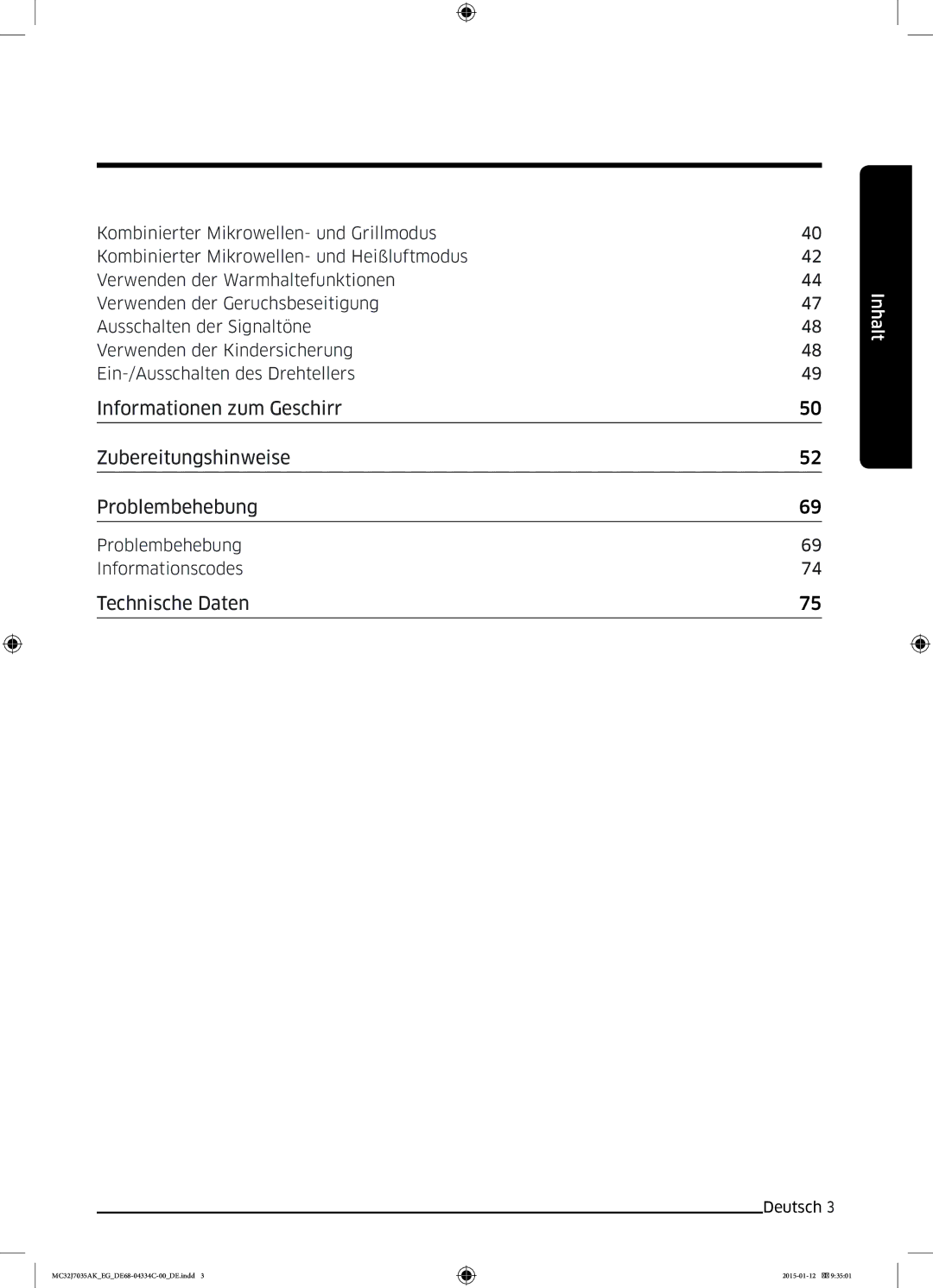 Samsung MC32J7035AS/EG manual Technische Daten, Problembehebung Informationscodes 