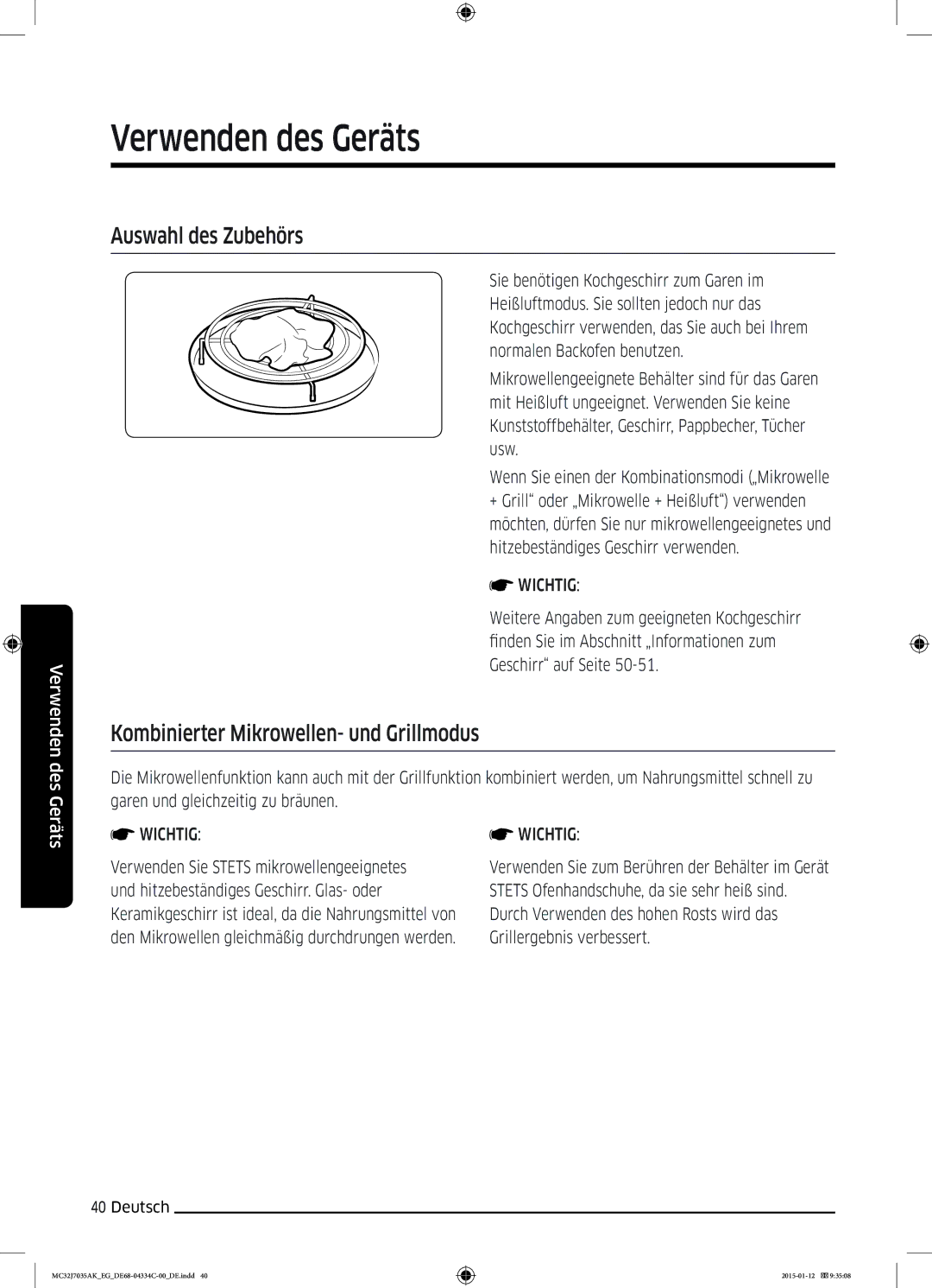 Samsung MC32J7035AS/EG manual Auswahl des Zubehörs, Kombinierter Mikrowellen- und Grillmodus 