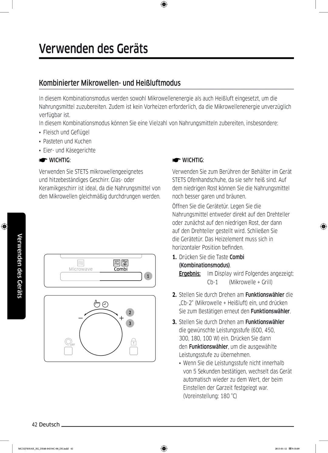 Samsung MC32J7035AS/EG manual Kombinierter Mikrowellen- und Heißluftmodus 