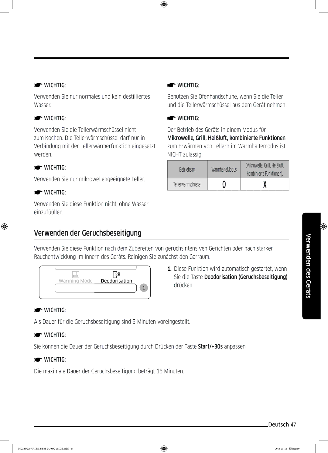 Samsung MC32J7035AS/EG manual Verwenden der Geruchsbeseitigung, Verwenden Sie nur normales und kein destilliertes Wasser 