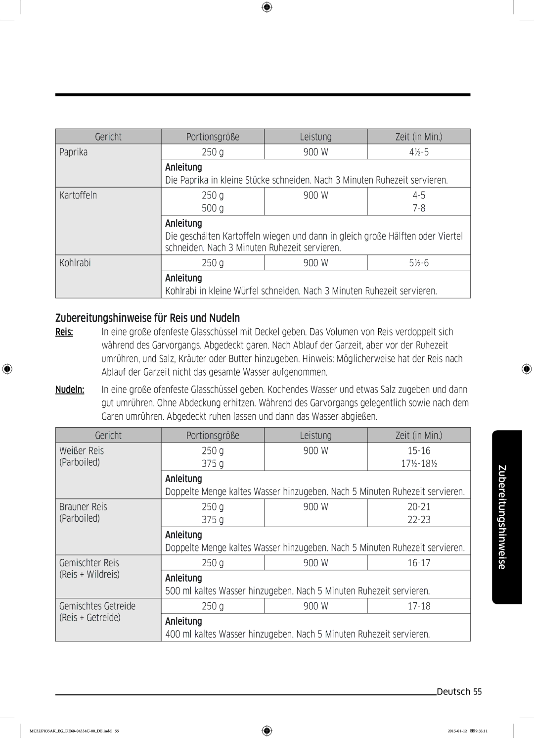 Samsung MC32J7035AS/EG manual Zubereitungshinweise für Reis und Nudeln 