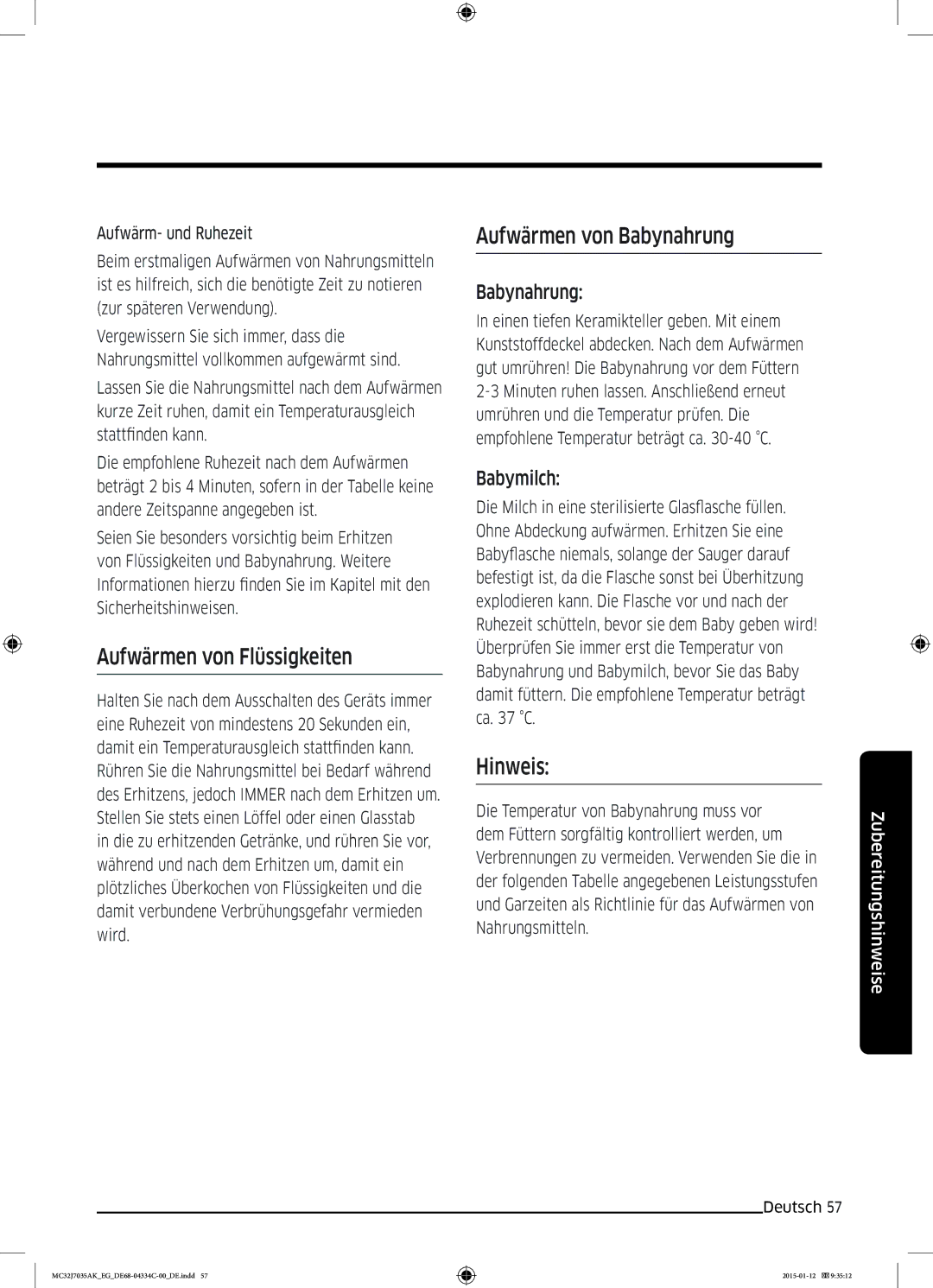 Samsung MC32J7035AS/EG manual Aufwärmen von Flüssigkeiten, Aufwärmen von Babynahrung, Hinweis, Babymilch 