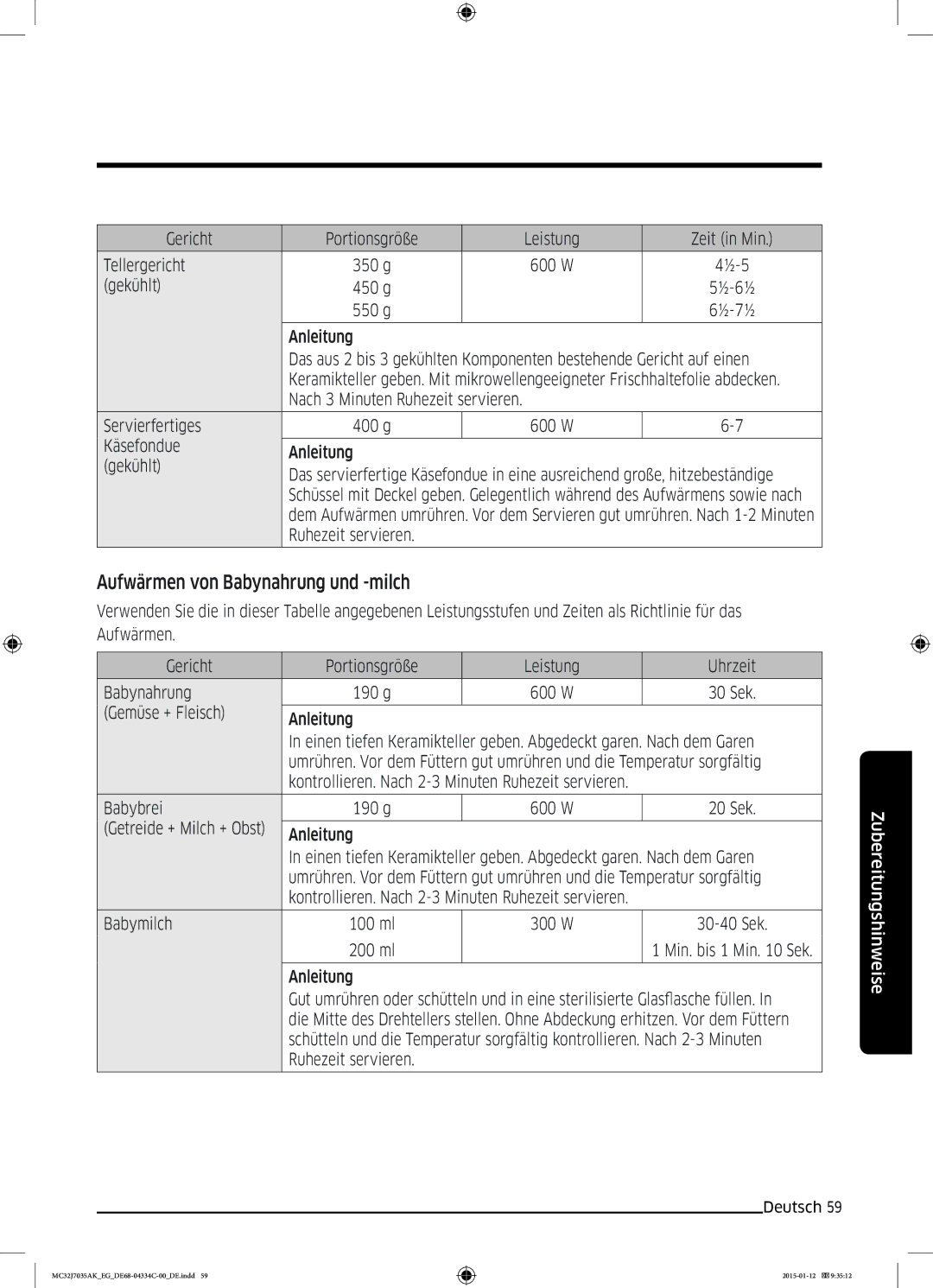 Samsung MC32J7035AS/EG manual Aufwärmen von Babynahrung und -milch 