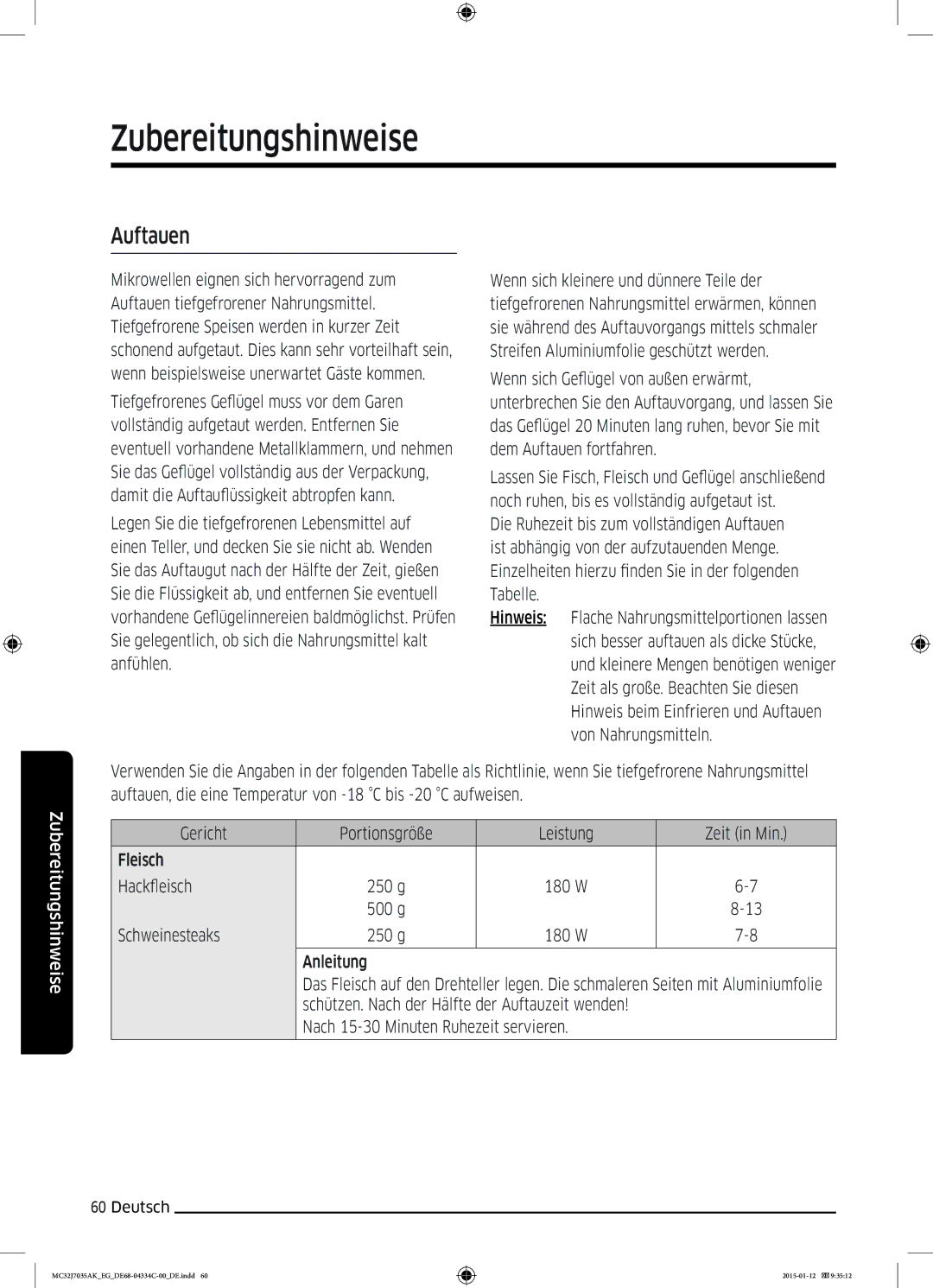 Samsung MC32J7035AS/EG manual Auftauen, Schweinesteaks 