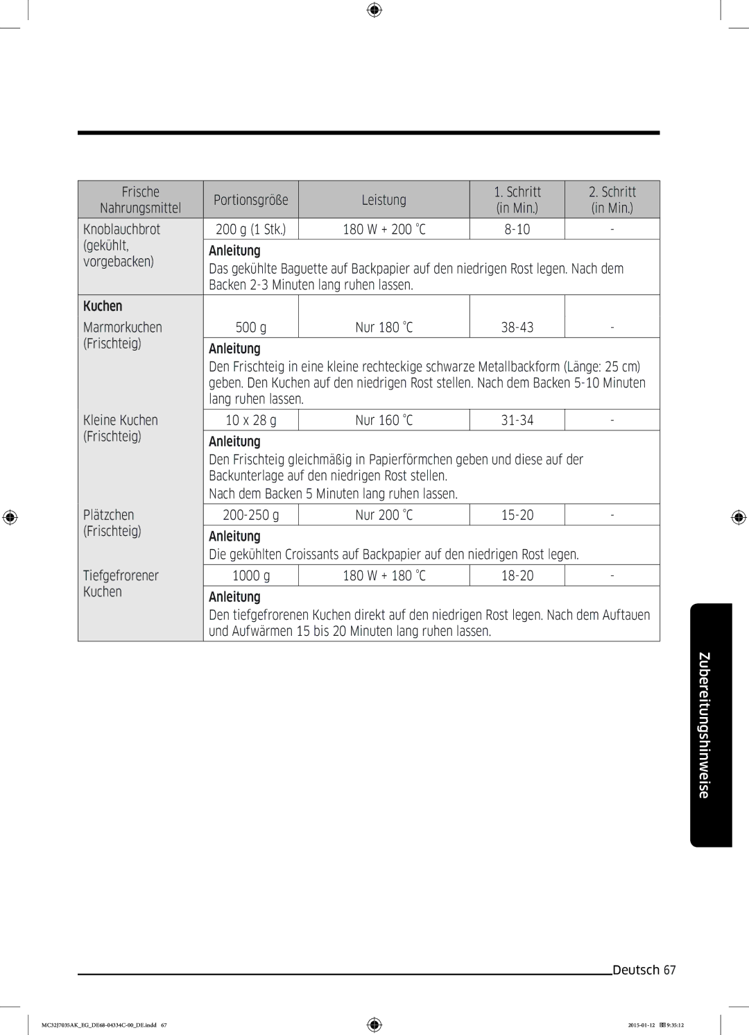 Samsung MC32J7035AS/EG Frische Portionsgröße Leistung Schritt Nahrungsmittel, Knoblauchbrot, Gekühlt Anleitung Vorgebacken 